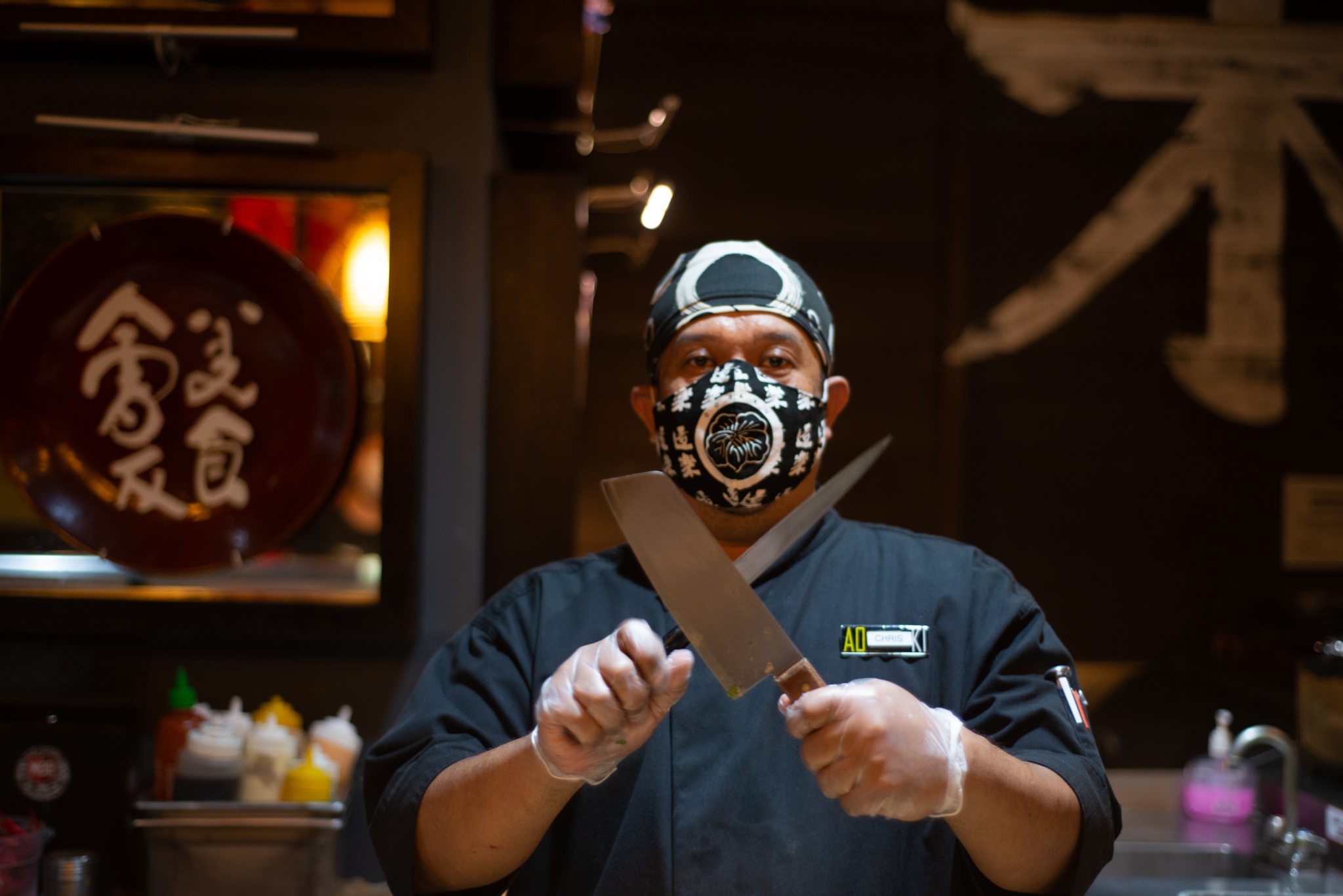 Event portrait with dramatic mask and red light